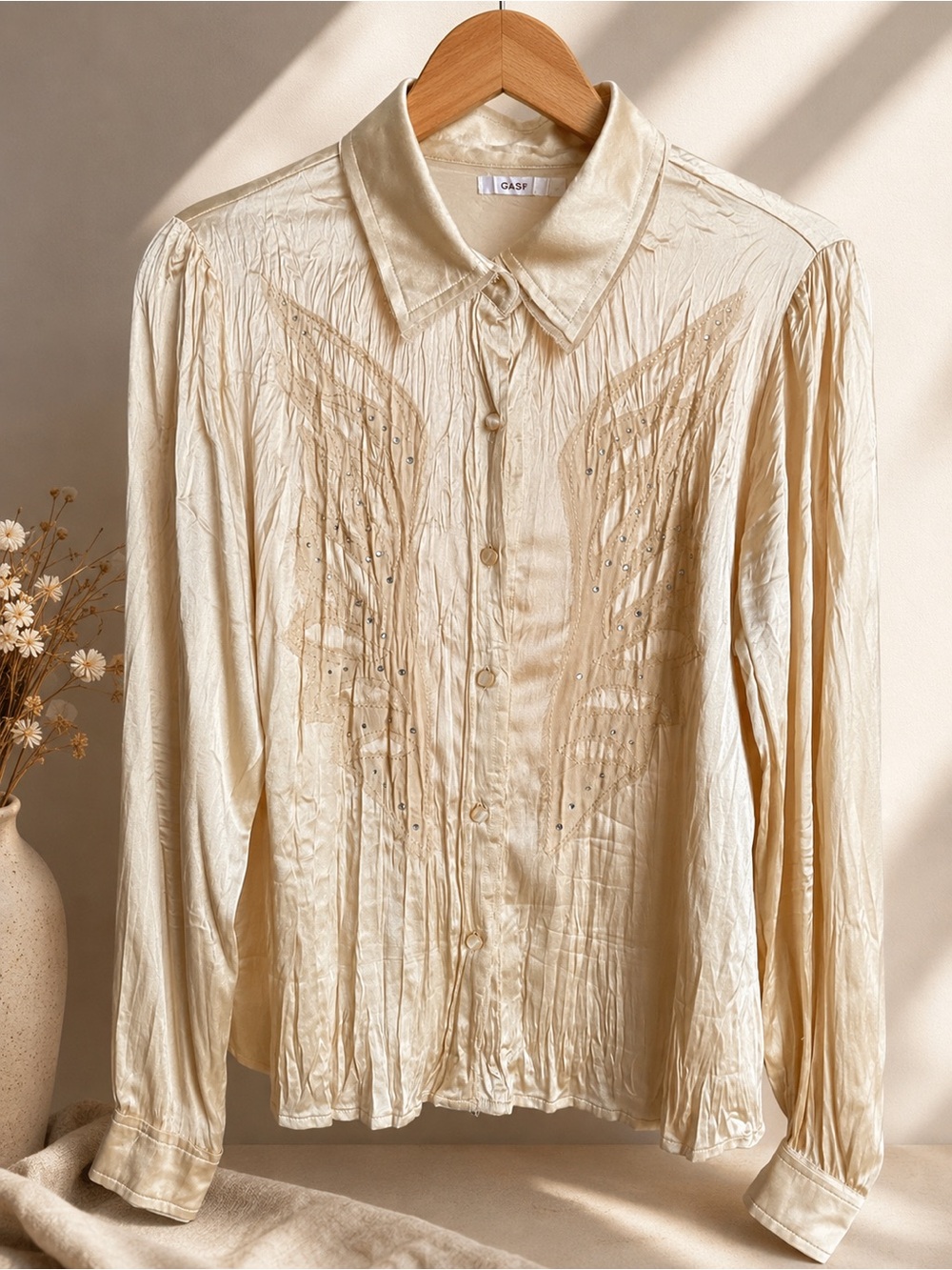 GASP Silk Ivory Button-Up Blouse with Subtle Embellishment